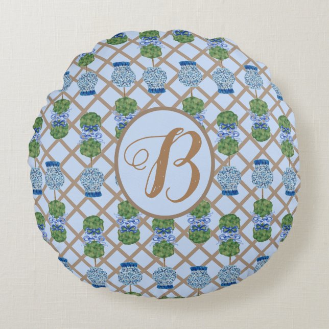 Blue Chinoiserie Ginger Jar Jars Topiary Korb Rundes Kissen (Vorderseite)