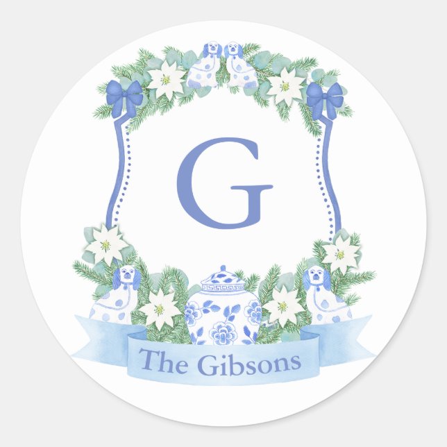 Blue Chinoiserie Holidays Wappen Umschlag Aufklebe Runder Aufkleber (Vorderseite)