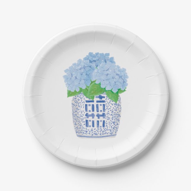 Blue Chinoiserie Hydrangea Paper Party Plate Pappteller (Vorderseite)