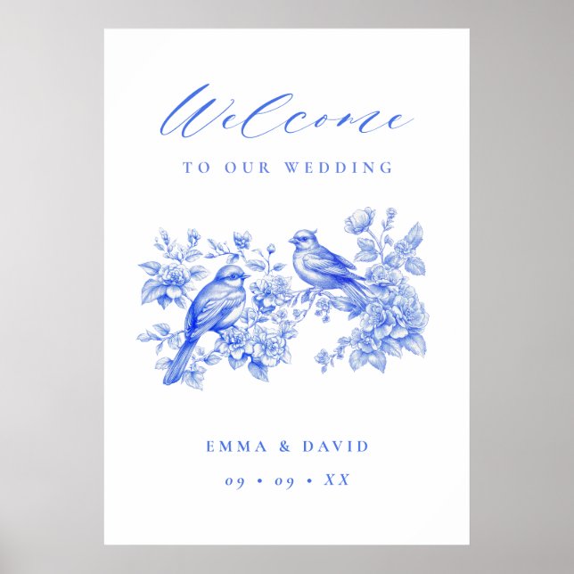 Blue Chinoiserie Love Birds Wedding Welcome Poster (Vorne)