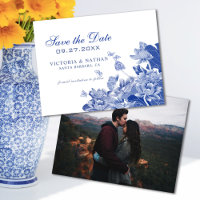 Blue Chinoiserie mit Foto Wedding Save the Date