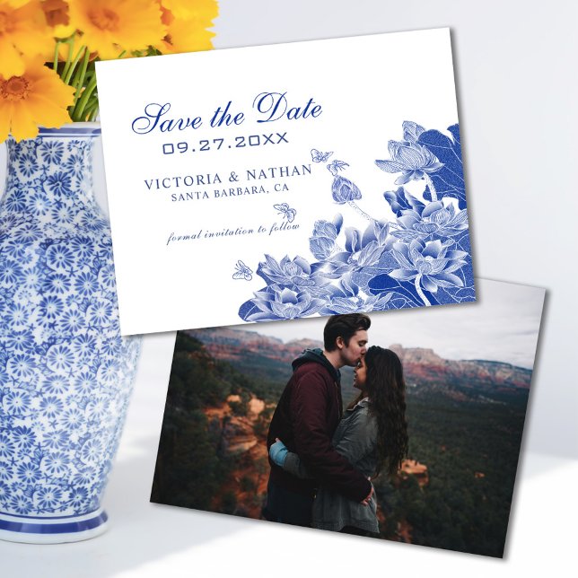 Blue Chinoiserie mit Foto Wedding Save the Date (Von Creator hochgeladen)