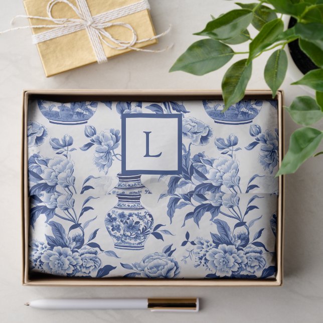 Blue Chinoiserie Monogram  Seidenpapier (Geschenk)