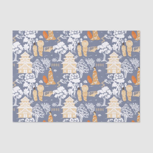 Blue Chinoiserie Pagodas Seidenpapier (Vorderseite)