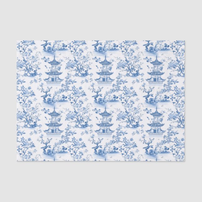 Blue Chinoiserie Pagodas Toile Seidenpapier (Vorderseite)
