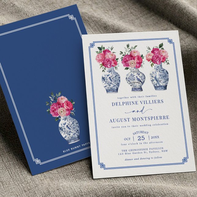 Blue Chinoiserie Porzellan Pink Peonies Hochzeit Einladung (Von Creator hochgeladen)