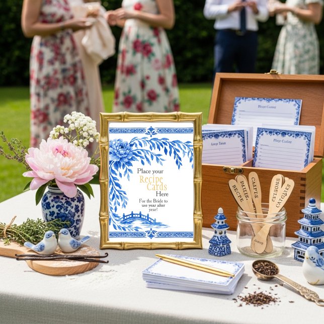 Blue Chinoiserie Recipe Cards Here Sign Einladung (Blue Chinoiserie Recipe Cards Here Sign)