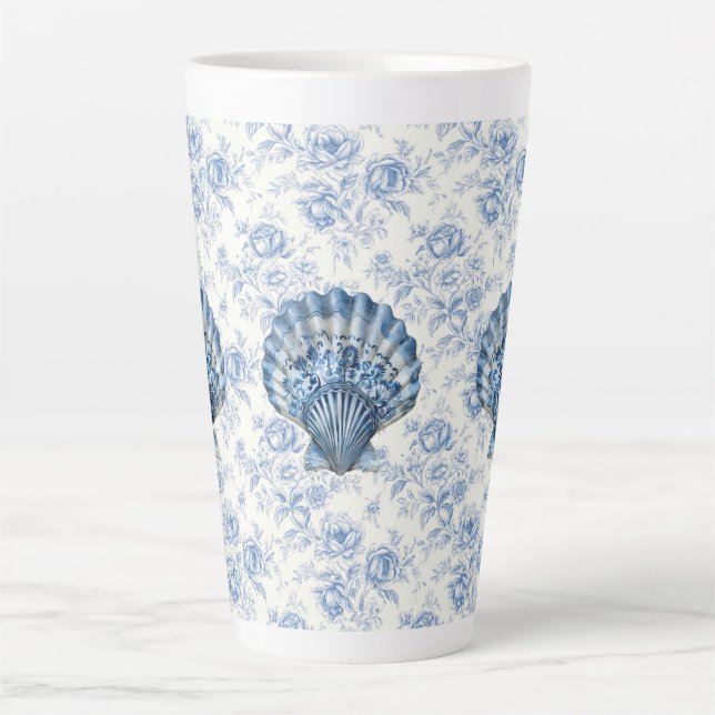 Blue Chinoiserie Shell Large Ceramic Latte Mug Milchtasse (Vorderseite)