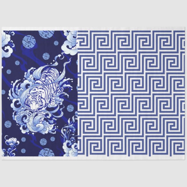 Blue Chinoiserie Tiger Blue Flow Decoute Seidenpapier (Vorderseite)