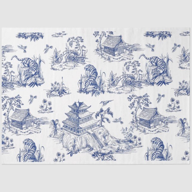 Blue Chinoiserie Tiger Blue Flow Decoute Seidenpapier (Vorderseite)