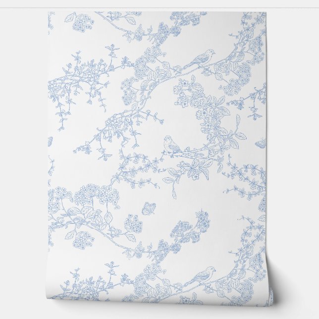 Blue Chinoiserie Toile de Jouy Birds Blumengarten Tapete (Abrollen)