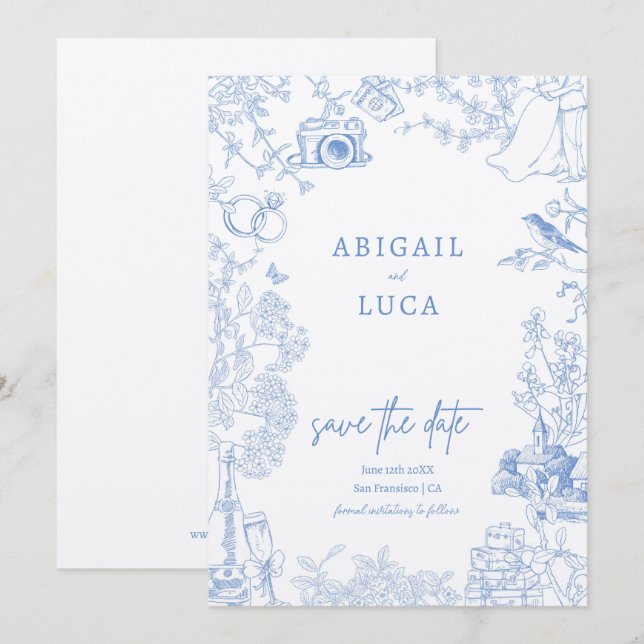 Blue Chinoiserie Toile de Jouy Wedding Rett Date Einladung (Vorne/Hinten)