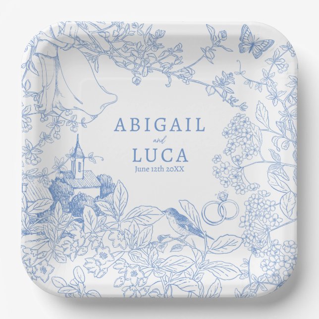Blue Chinoiserie Toile de Jouy Wedding Rett Date Pappteller (Vorderseite)