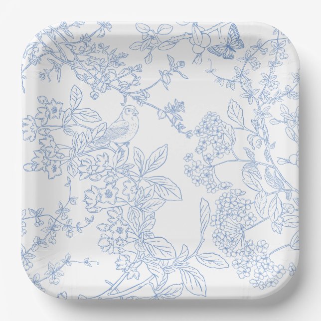 Blue Chinoiserie Toile de Jouy Wedding Rett Date Pappteller (Vorderseite)