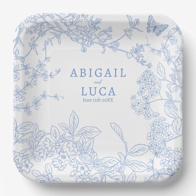 Blue Chinoiserie Toile de Jouy Wedding Rett Date Pappteller (Vorderseite)