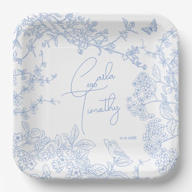 Blue Chinoiserie Toile de Jouy Wedding Rett Date Pappteller (Vorderseite)