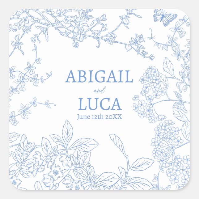 Blue Chinoiserie Toile de Jouy Wedding Rett Date Quadratischer Aufkleber (Vorderseite)