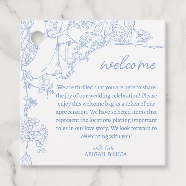 Blue Chinoiserie Toile de Jouy Wedding Willkommen Geschenkanhänger (Vorderseite)