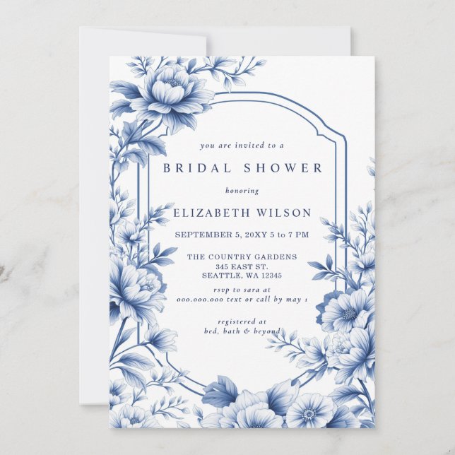 Blue Chinoiserie Toile Floral Bridal Shower Einladung (Vorderseite)