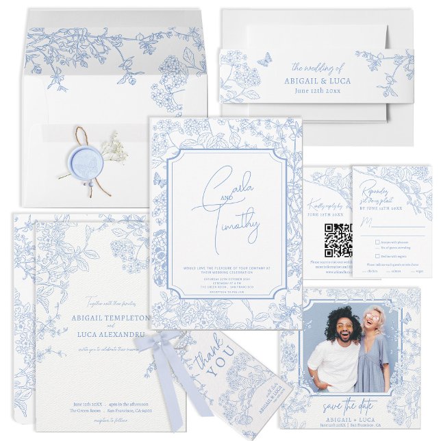 Blue Chinoiserie Toile Hochzeit Rett Date Foto Einladung (Von Creator hochgeladen)