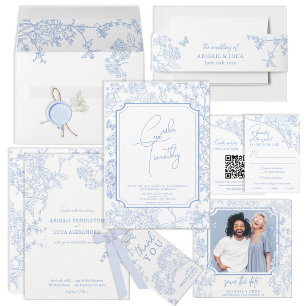 Blue Chinoiserie Toile Hochzeit Rett Date Foto Einladung