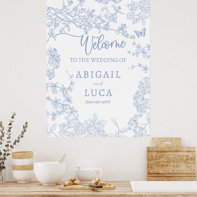 Blue Chinoiserie Toile Jouy Wedding Welcome Sign Poster (Küche)