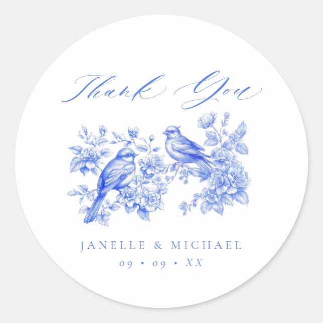 Blue Chinoiserie Vintag Love Birds Hochzeit Runder Aufkleber (Vorderseite)