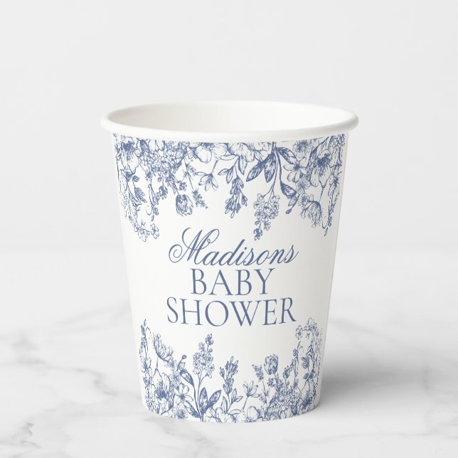 Blue Chinoiserie Vintage Floral Baby Shower Pappbecher (Rückseite)