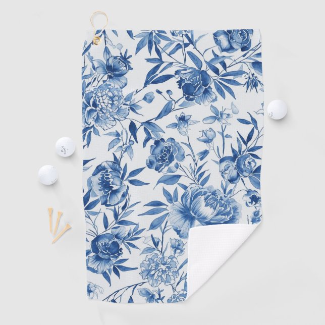 Blue Chinoiserie Watercolor Floral Botanical Golfhandtuch (Insitu)