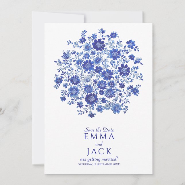 Blue Chinoiserie watercolor Floral Save the Date (Vorderseite)