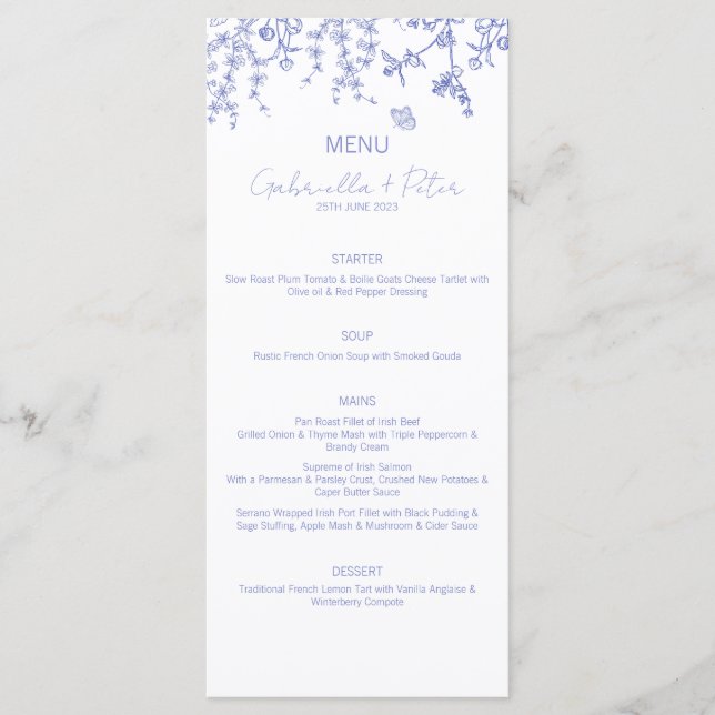 Blue Chinoiserie Wedding Menu Menükarte (Vorderseite)