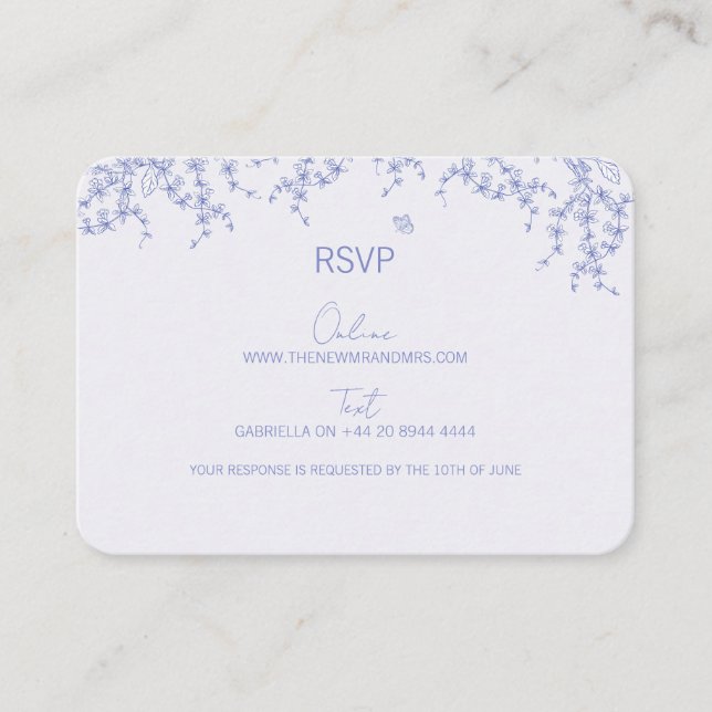 Blue Chinoiserie Wedding RSVP Card Begleitkarte (Vorderseite)