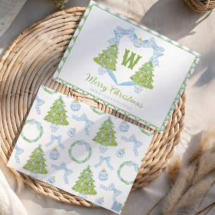 Blue Chinoiserie Weihnachtsbaum Monogram Wappen Feiertagskarte