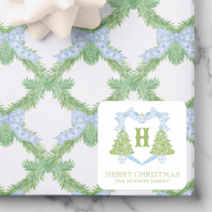 Blue Chinoiserie Weihnachtsbaum Monogram Wappen Quadratischer Aufkleber
