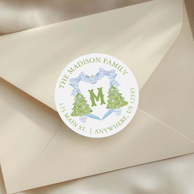 Blue Chinoiserie Weihnachtsbaum Monogram Wappen Runder Aufkleber (Von Creator hochgeladen)