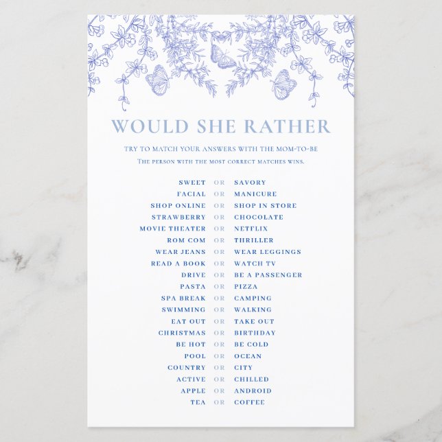 Blue Chinoiserie Would She Rather Baby Shower Game (Vorderseite)