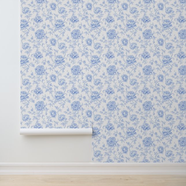 Blue Chinoises Coastal Großmutter Floral Tapete (Anwendung)