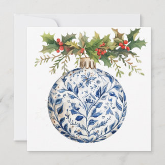 Blue Chinoisserie Ball Ornament with Green Holly Feiertagskarte