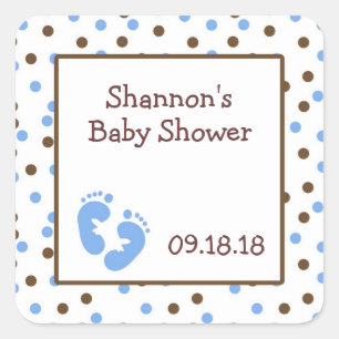 Blue & Chocolate Brown Baby Dusche mit Füßen Quadratischer Aufkleber