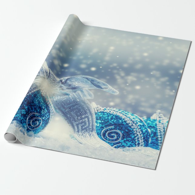 Blue Christmas Balls Snow Geschenkpapier (Ungerollt)