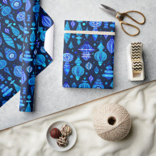 Blue Christmas Bauble Ornamente in Watercolor Navy Geschenkpapier