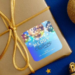 Blue Christmas Baubles Twinkling String Lights Quadratischer Aufkleber