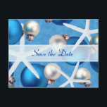 Blue Christmas Beach Wedding Save the Date Cards Ankündigungspostkarte<br><div class="desc">Blue Christmas Hochzeit in Urlaubsort Ankündigung Postkarten. Blauer und weißer Baumschmuck und weißer Seestern schmückten diese maßgeschneiderte,  tropische Hochzeitskarte "Save the Date". Mit den Vorlagen auf der Vorder- und Rückseite können Sie ganz einfach Ihren eigenen Text anpassen. Erschwingliche Postkarten bieten auch Mengenrabatte.</div>