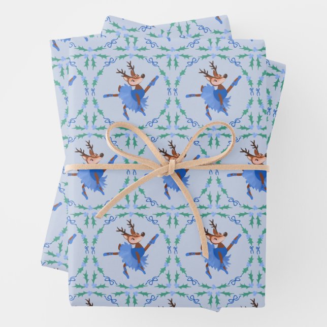 Blue Christmas Dancer the Reindeer Ballerina Geschenkpapier Set (Beispiel)