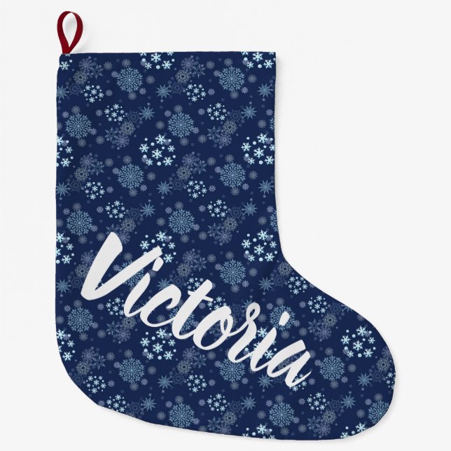 Blue Christmas Elegant Snowflake Pattern Großer Weihnachtsstrumpf (Vorderseite)