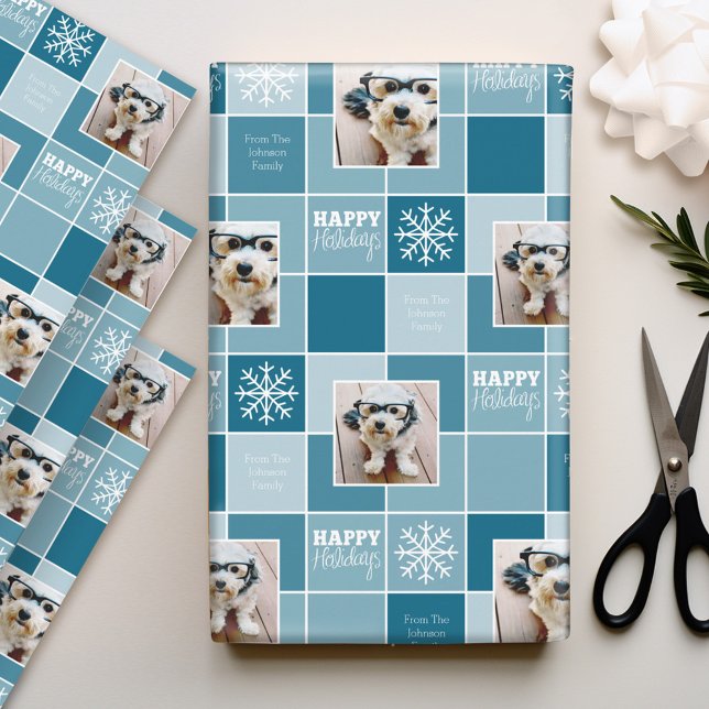 Blue Christmas Foto mit Whimsical Type Geschenkpapier Set (Personalized Photo Wrapping Paper)
