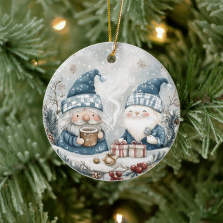 Blue Christmas Gnome Keramik Ornament