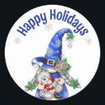 Blue Christmas Gnome mit Teddy Bear Runder Aufkleber<br><div class="desc">Niedliches Weihnachtsmädchen mit Teddybär und Silberschneeflocken auf Weiß. Die Hintergrundfarbe kann geändert werden. Text ist bearbeitbar.</div>