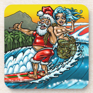 Blue Christmas Hawaiian Surfing Santa Illustration Getränkeuntersetzer