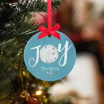 Blue Christmas Holiday Joy Photo Beach Sand Dollar Keramik Ornament<br><div class="desc">This design features Christmas holiday elegant simple beach,  nautical coastal sea ocean life,  sand dollar joy minimalist teal,  trendy stylish calligraphy script font,  turquoise teal blue tropical island,  Christmas holiday wrapping supplies,  sea shells coastal living coast,  Christmas holiday beach house cottage cushion home décor</div>